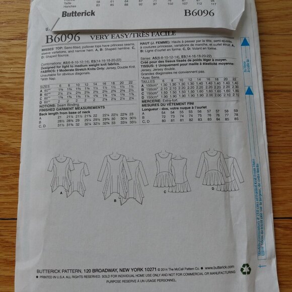 Pullover Tops Sewing Pattern Plus Size 14-22 UNCUT Butterick 6096 Modern Tunics - Picture 4 of 10